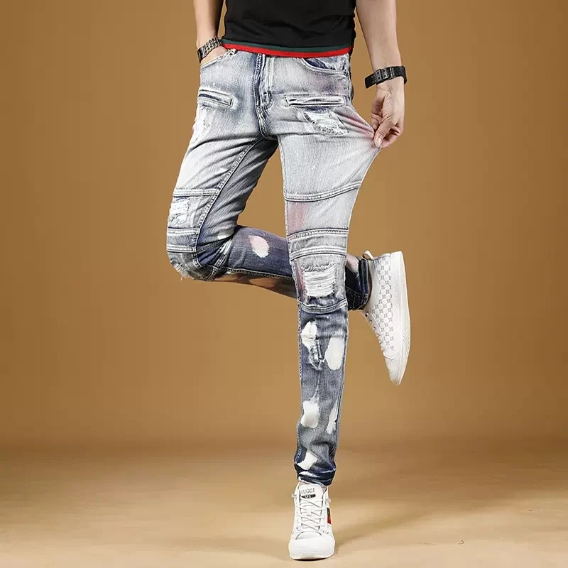 Summer Light Blue Ripped Jeans Men Streetwear Printed Slim Fit Straight Pants Casual Biker Stretch Denim Trousers