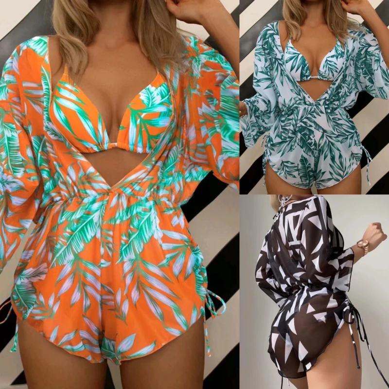 

European and American Three-Piece Bikini Push Up Swimsuit Women Halter High Waist Swimwear Female Printed Bathing Suit Bathers