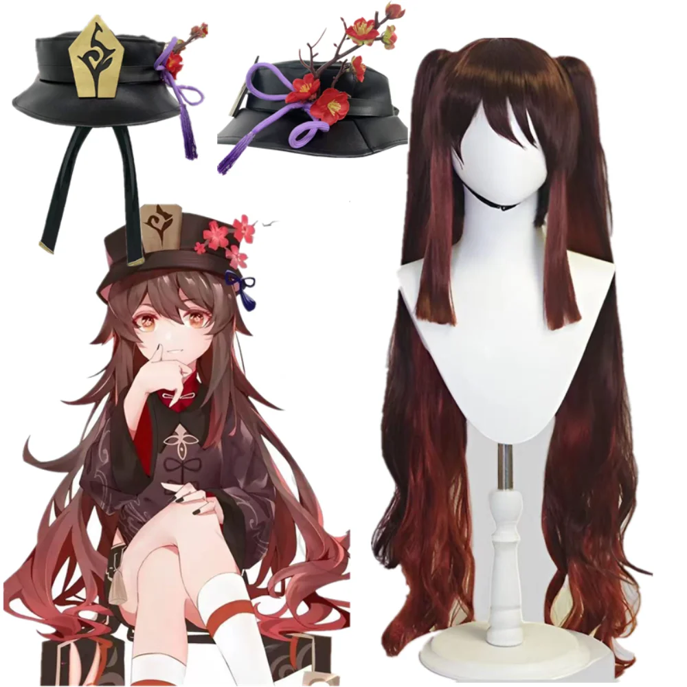 

Game Genshin Impact Hu Tao Cosplay Cap Wig Woman Headwear Role Playing Double Ponytail Hats Long Hair Girl's Headgear Costumes