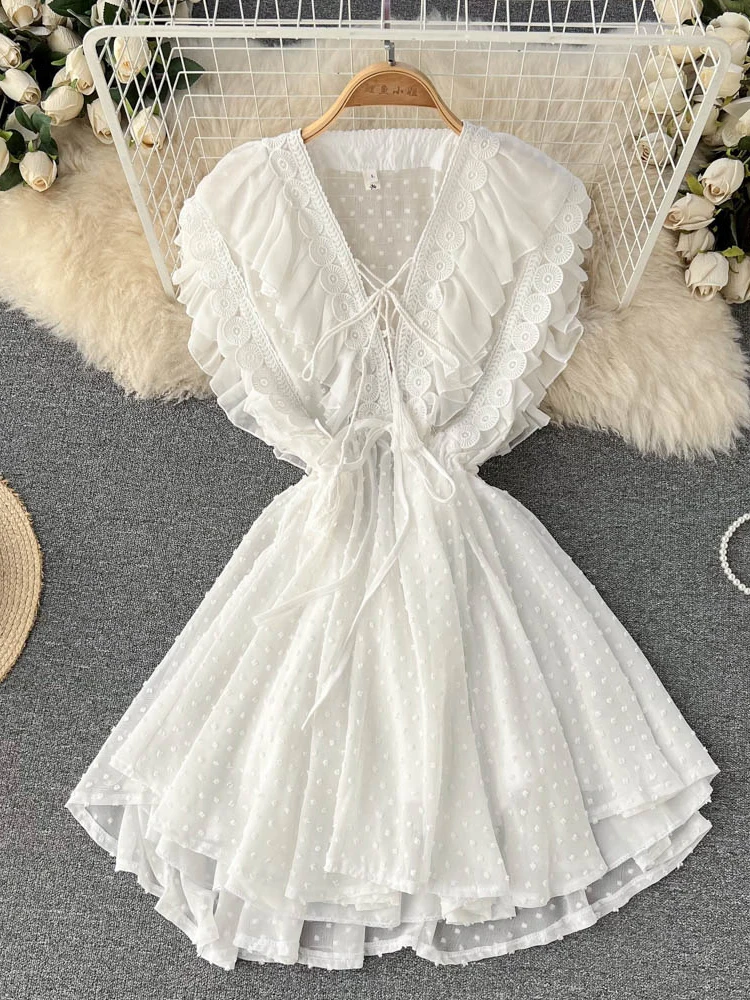 

Solid Patchwork Ruffle Elegant Dress For Women V Neck Sleeveless High Waist Mini Dresses Female Fashion Summer New