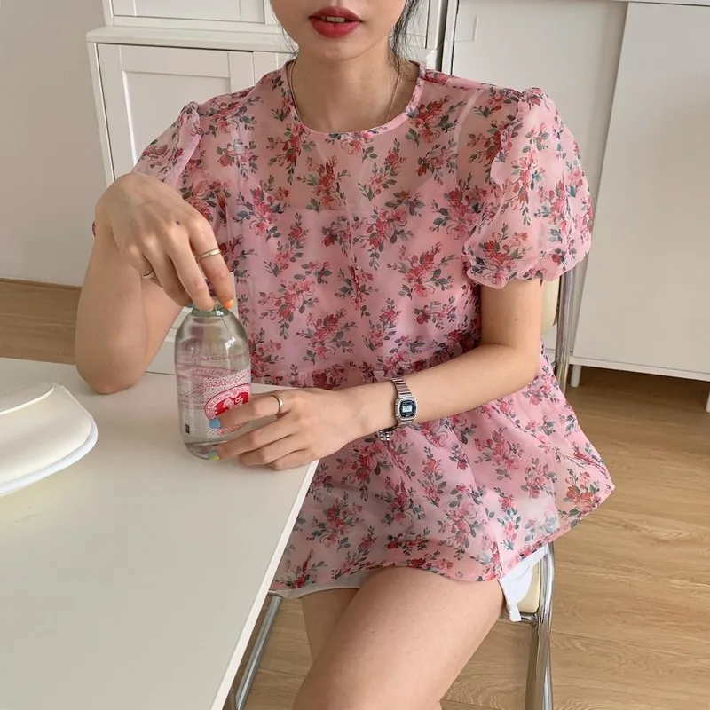 

New Women Sweet Organza Fashion Shirts Fashion O Neck Lantern Sleeve Floral T Shirt Girls Retro Hem Ruffled Tops Blusas De Mujer