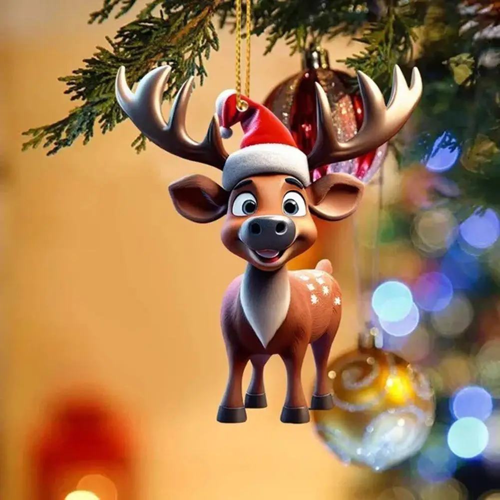 2D Acrylic Cartoon Deer Christmas Tree Pendant Cute Elk Hanging Decorations Car Interiors Accessories Decors