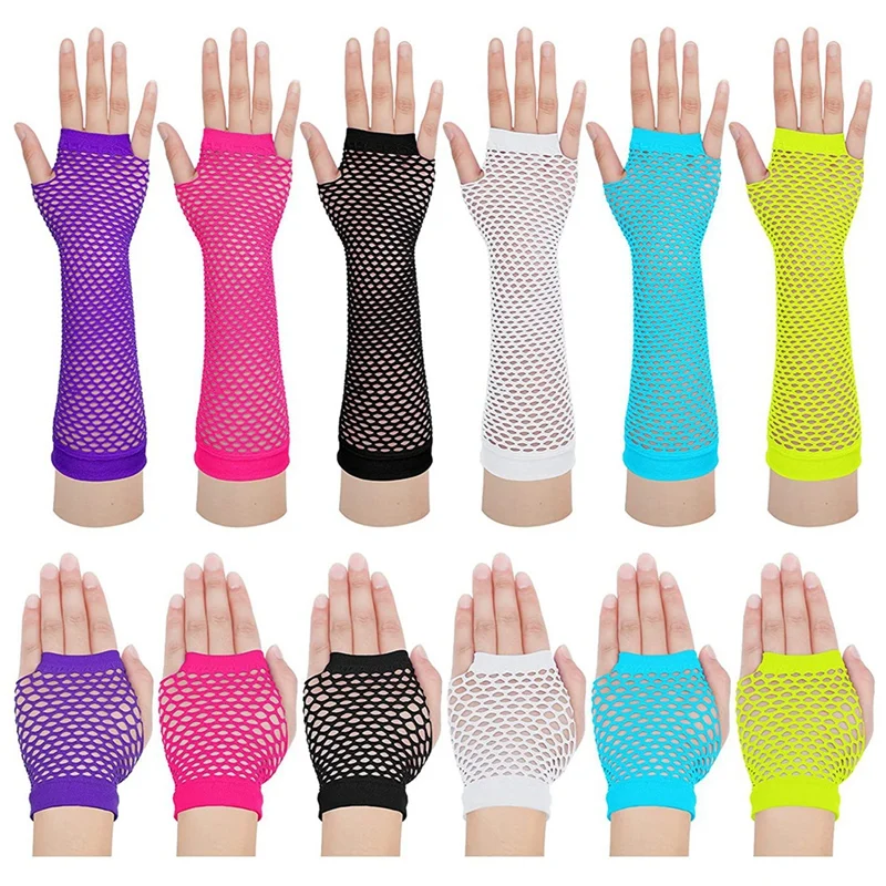 

12 Pairs 80S 90S Fishnet Mesh Gloves for Women Kids Neon Fingerless Glove for Cosplay Costumes Accessories