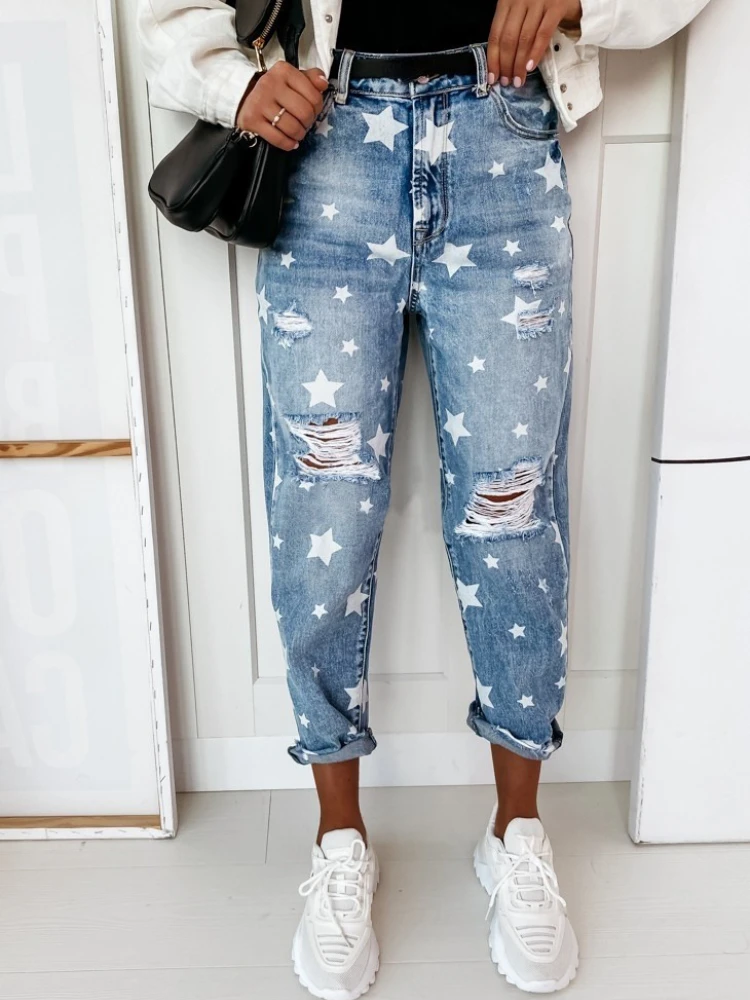 Spring Summer New Products Slim and Slim Star Pattern Trousers Women Ripped Jeans for Women Baggy Jeans Women Fashion Clothes