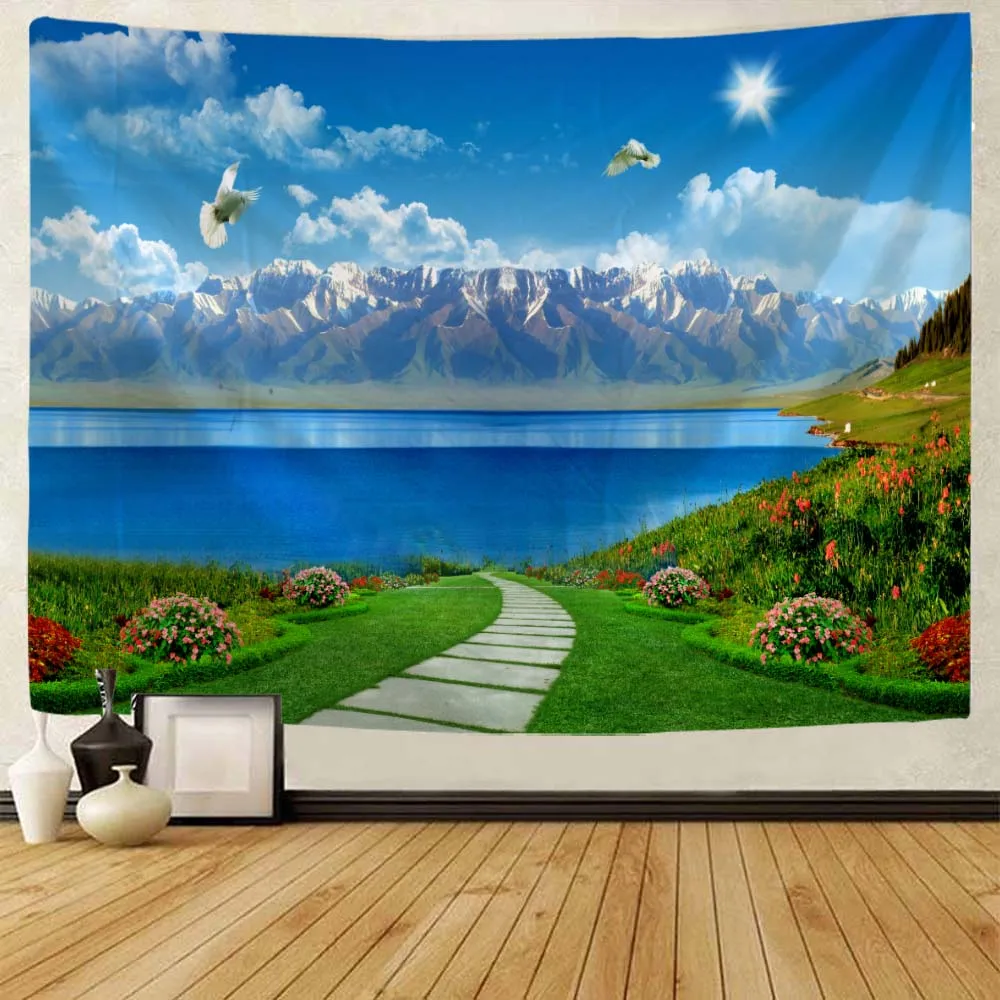 

Seascape Wall Tapestry Coconut Tree Dolphin Flying Bird Wall Hanging Home Fabric Background Cloth Blanket Kawaii Room Decoration
