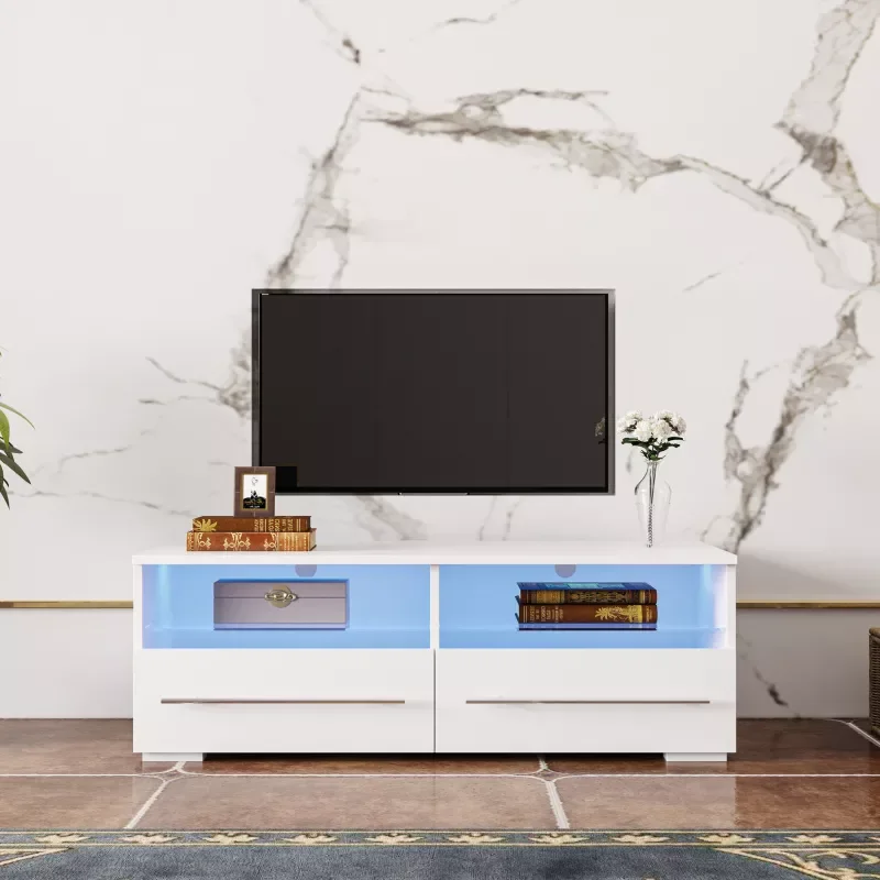 

White tv cabinet with two drawers with double ended color changing LED strip for living room, white, storage cabinet