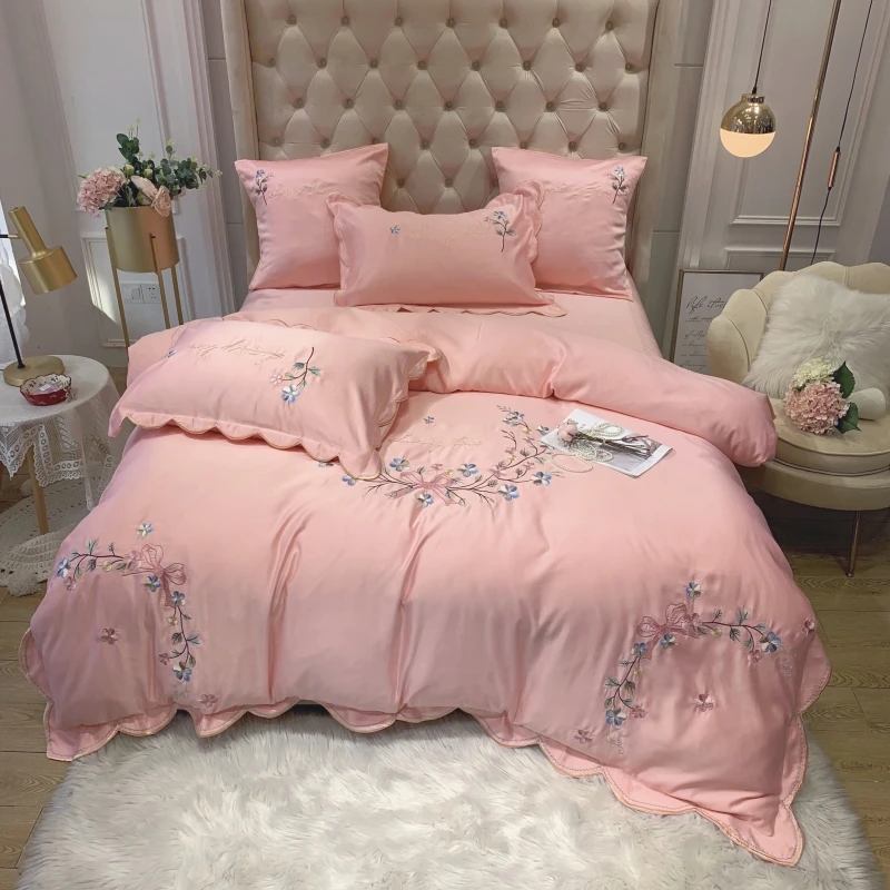 

Pink Flower Embroidery Solid Bedding Set King Queen Size Satin Cotton Duvet Cover Bedspread Flat/Fitted Bed Sheet Pillowcases