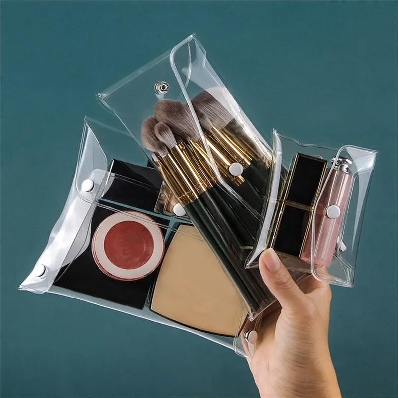 

Ins Transparent Fashion Cosmetic Bag Portable Travel Cosmetic Bags Snap-Button Cosmetic Brush Storage Case