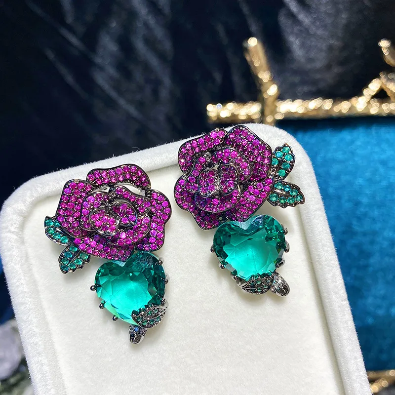 

Bilincolor Luxury Green Heart and Red Flower Earring for Women