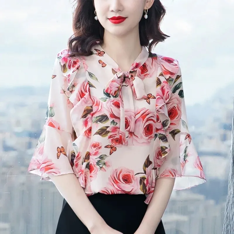 

Sweet Lady Top Flower Print Blouse Women Summer Chiffon Shirt Fashion Female Short-sleeve Office Pink Ruffle Tops Blusas Mujer