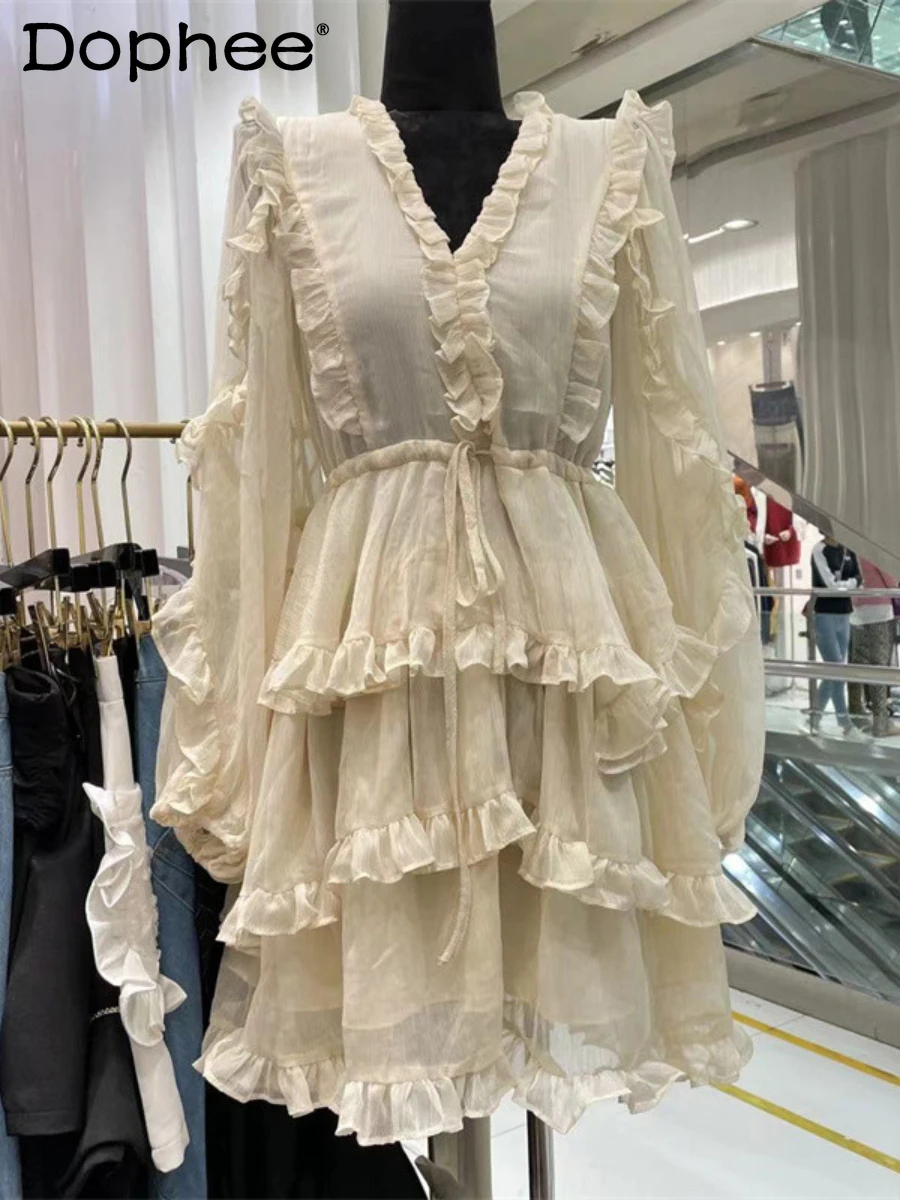 

Sexy V-neck Ruffled Long-Sleeved Chiffon Midi Dress for Women 2022 Summer New Temperament Slim Waist Evening Birthday Cake Dress