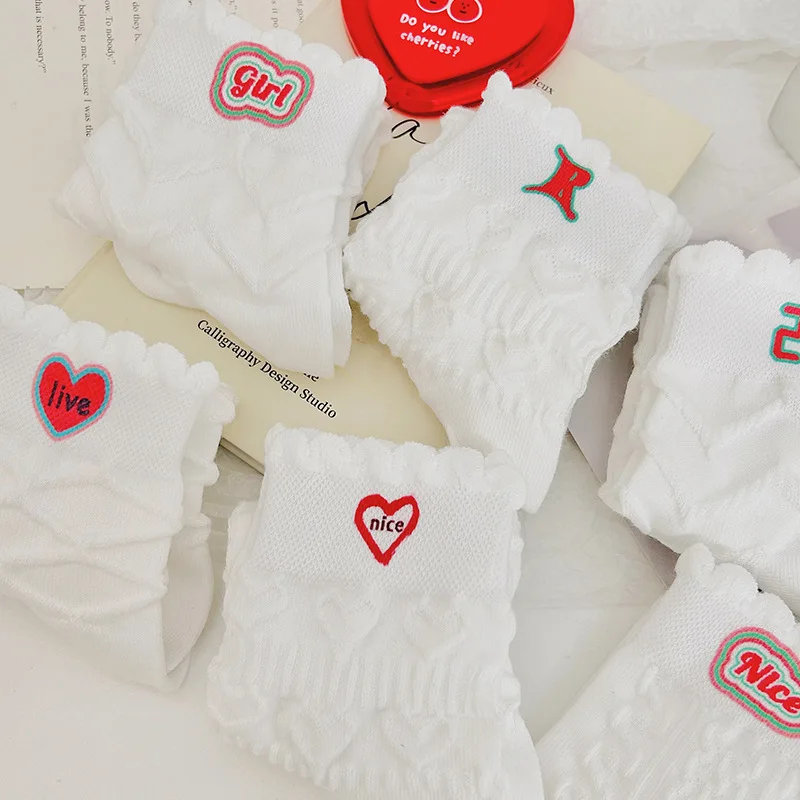 Summer Thin Solid Color White Lace Lettering Low-top Cute Socks-5 Pairs Set