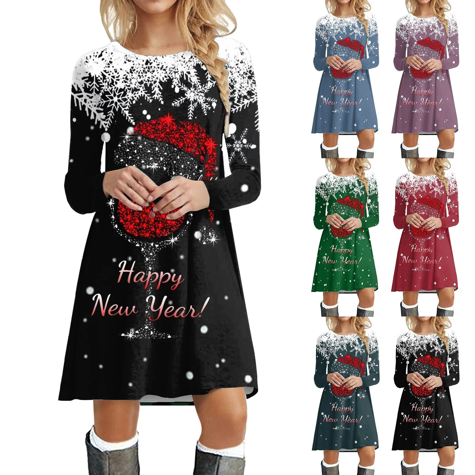 

Women Autumn And Winter Casual Fashion Print Round Neck Long Sleeve Tunic Dress sweet Vintage