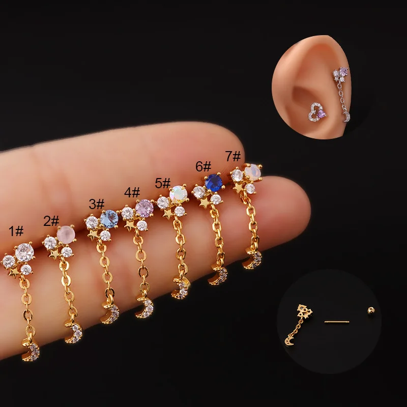 

20G Stainless Steel Piercing Conch Earbone Stud Tassel Chain Moon Pendant Zircon Lobe Earrings Cartilage Body Jewelry For Women