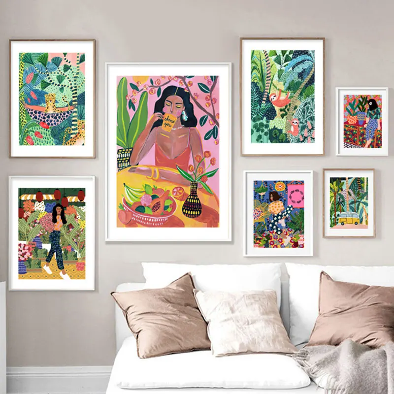 

Tropical Colorful Girl Car Posters And Prints Dot Flower Leopard Canvas Painting Living Room Bedroom Home Decor Wall Art Picture