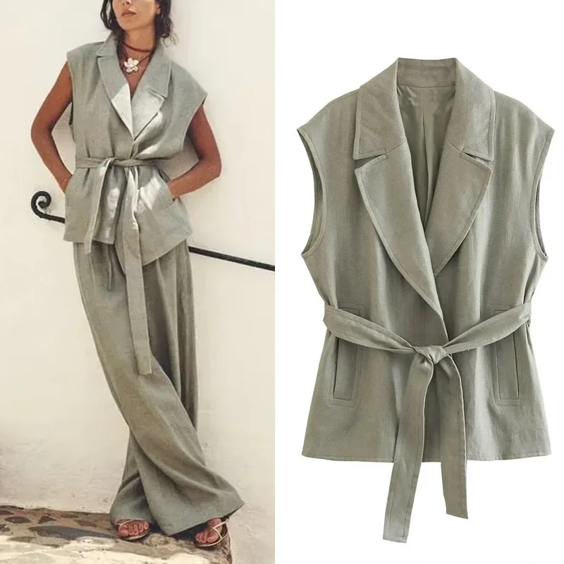 

TRAF Belted Vest For Women 2023 Summer Sleeveless Jackets Female Clothing Vintage Vests Office Ladies New In Coats Pants Sets