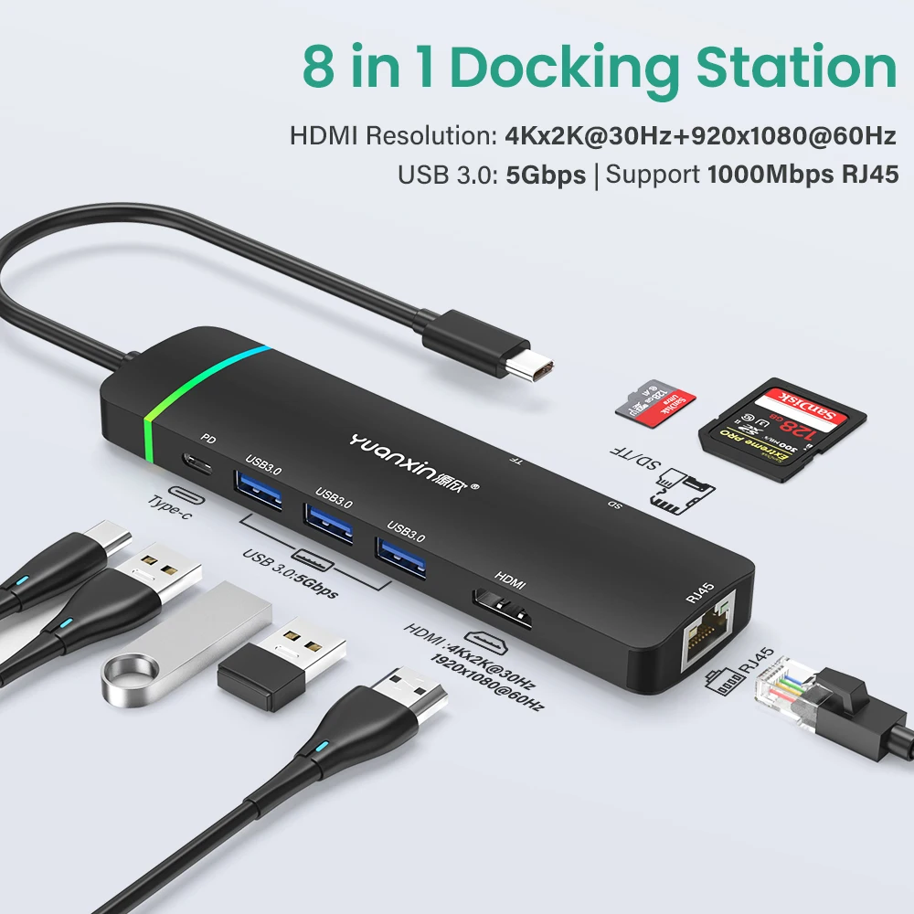 

Yuanxin 8 in 1 Type C HUB to HDMI 4K PD 60W SD/TF RJ45 1000Mbps USB3.0 Dock Station Laptop Accessories Adapter for Macbook pro