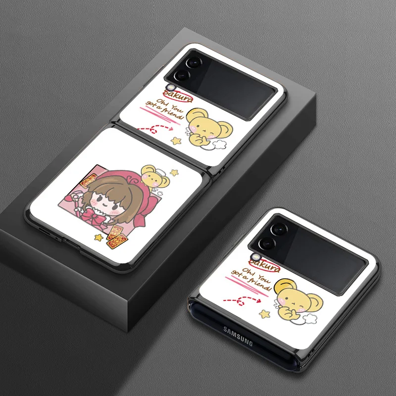 

Cute Cartoon Shockproof Cover for Galaxy Z Flip 3 4 Case Luxury Plating Tempered Glass Case for Samsung Z Flip3 Flip4 Case