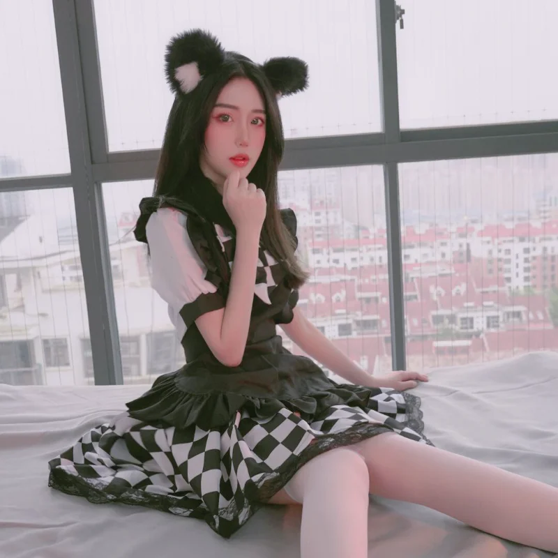 

Костюм горничной из аниме для косплея, одежда для вечеринки, женская одежда, черно-белое короткое клетчатое платье, костюм на Хэллоуин, боль...