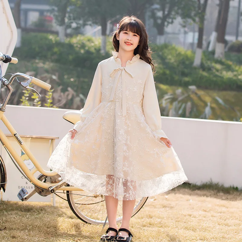 

4-14 Years New Kids Teen Spring Fall Dress Mesh Girls Fashion Princess Dress Long Sleeve Top Elegant School Children Clothes