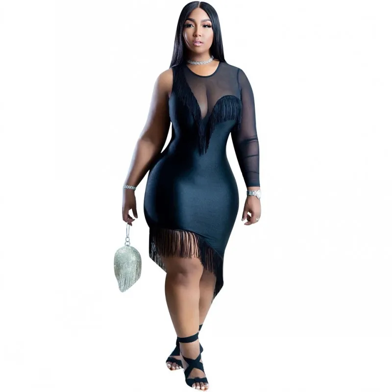 

Knee Length Dresses Women With Tassel One Sleeve Ropa Mujer Summer New Mesh Patchwork Sexy Clubwear Short Dress Outfits Vestidos