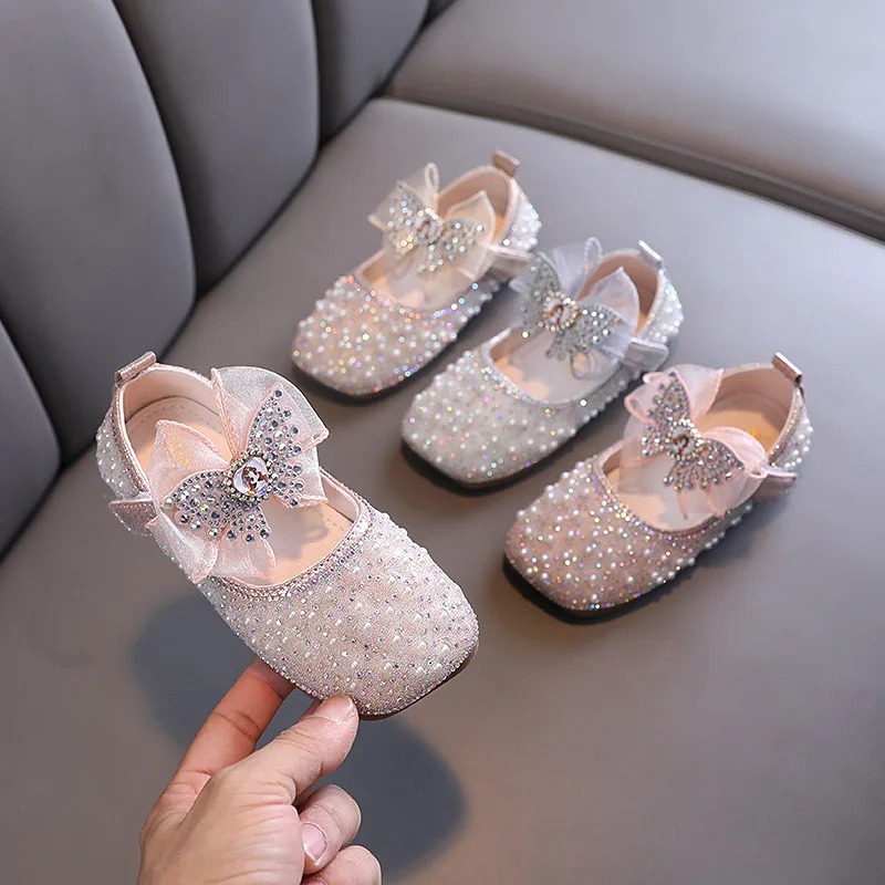 Children's Flats Girls Princess Shoes Comfortable Fashion Bow Rhinestone Pearl Kids Student Performance H69
