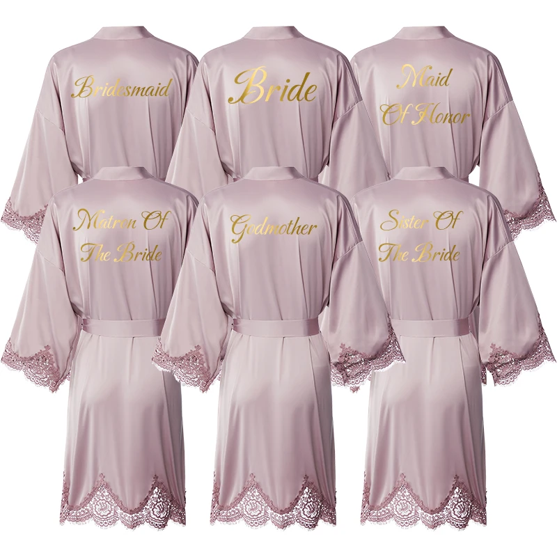 Mauve Bridesmaid Robes Matte Satin Robe Team Bride Lace Robe Polyester White Bride Night Wedding Robe Fashion Dress Women
