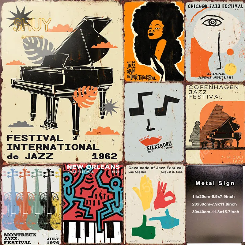 

Minimalist Jazz Festival Metal Tin Signs Wall Decor Musical Instrument Posters Retro Iron Painting Plague Piano Garden Picture