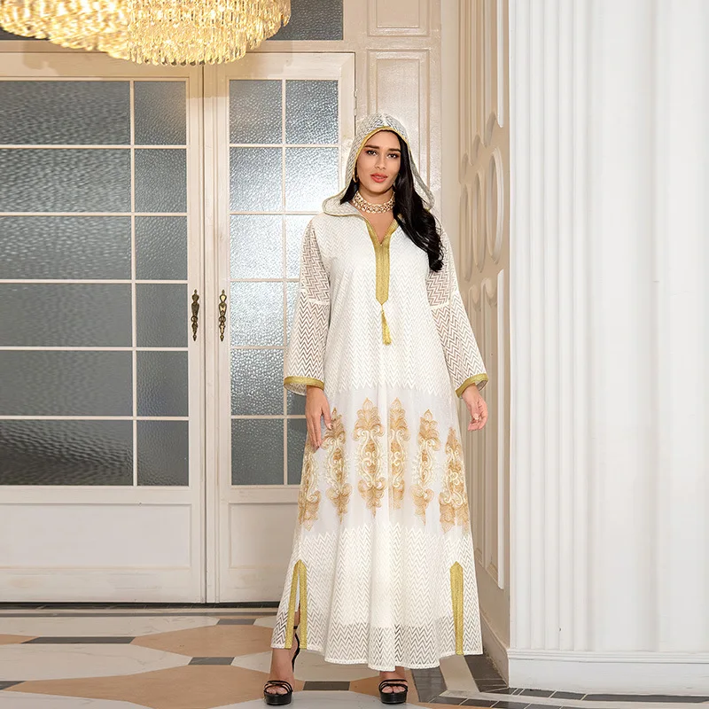 Robe Femme Musulmane Middle East Eid Al-Adha Gold Embroidered Hooded Gauze Saudi Arabia Dubai Robe Abayas For Women Vestidos