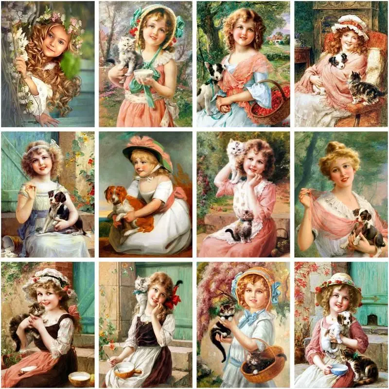 

CHENISTORY 5d Diamond Painting Girl Figure Cross Stitch Full Square Round Diamond Mosaic Dog For Adults Children Handicraft Wall