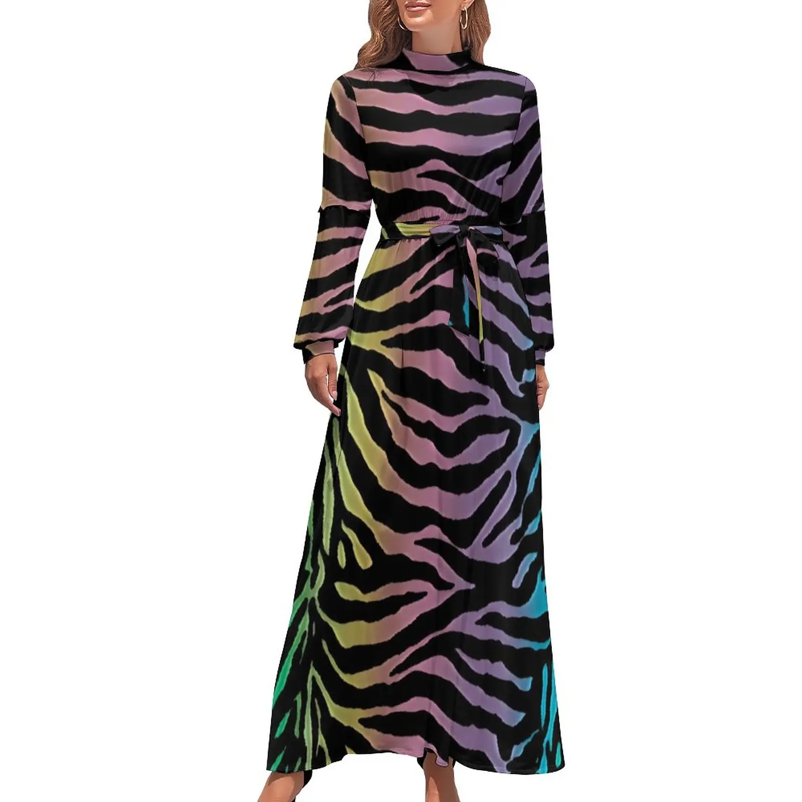 

Rainbow Black Stripe Zebra Dress Animal PrintSexy Graphic Maxi Dress Women Long-Sleeve Aesthetic Boho Beach Long Dresses Vestido