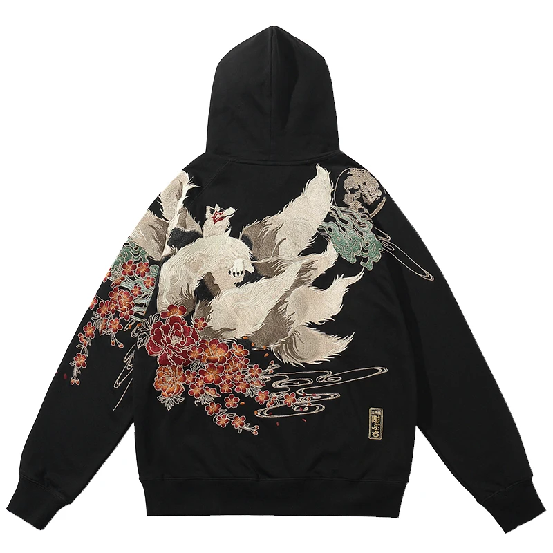 

Hoodie Hoodie Hop Streetwear Hooded Embroidery Sweatshirt Kanji Chinese Cotton Pullover Autumn Black Men Hip Flower Harajuku