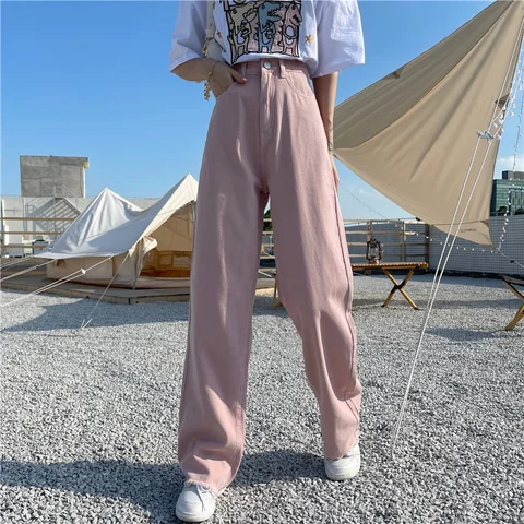 4 Sizes Causal Loose Basic Fashion Solid Light Pink White Pocket Simple Loose Button Fly Basic Women Summer Fashion Jeans
