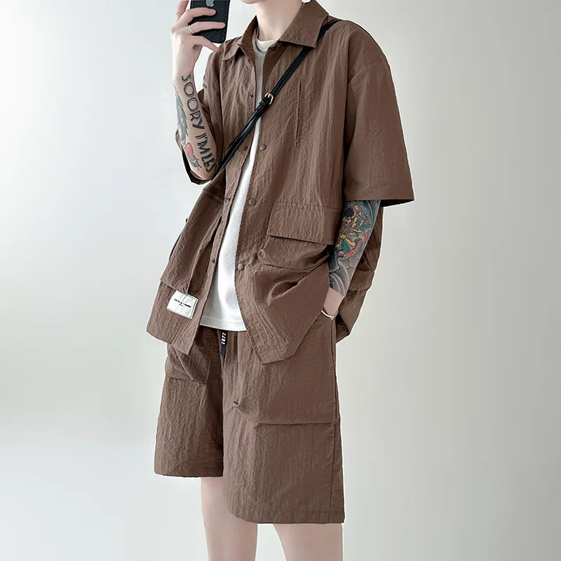 Summer Sets Men Fashion Retro Pocket Short Sleeved Shirt Shorts Two-piece Men Streetwear Loose Cargo Sets Mens Short Sets M-2XL