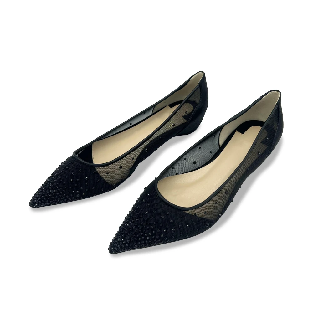 

Women's Pointed Toe Flat Shoes Black High-Quality Mesh Gauze Rhinestone Decoration Luxury Jewel Designer Shoes Sheepskin Insoles