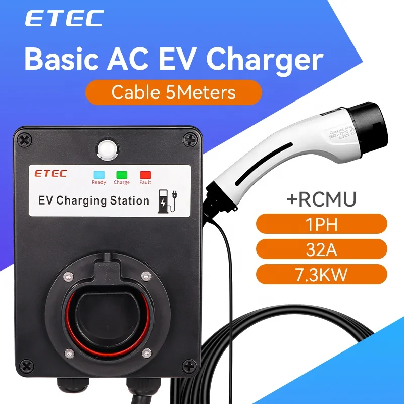 

Single-phase 32A 7.3KW Basic EV Charging wallbox type 2 Plug with 5 meters cable, RCMU function