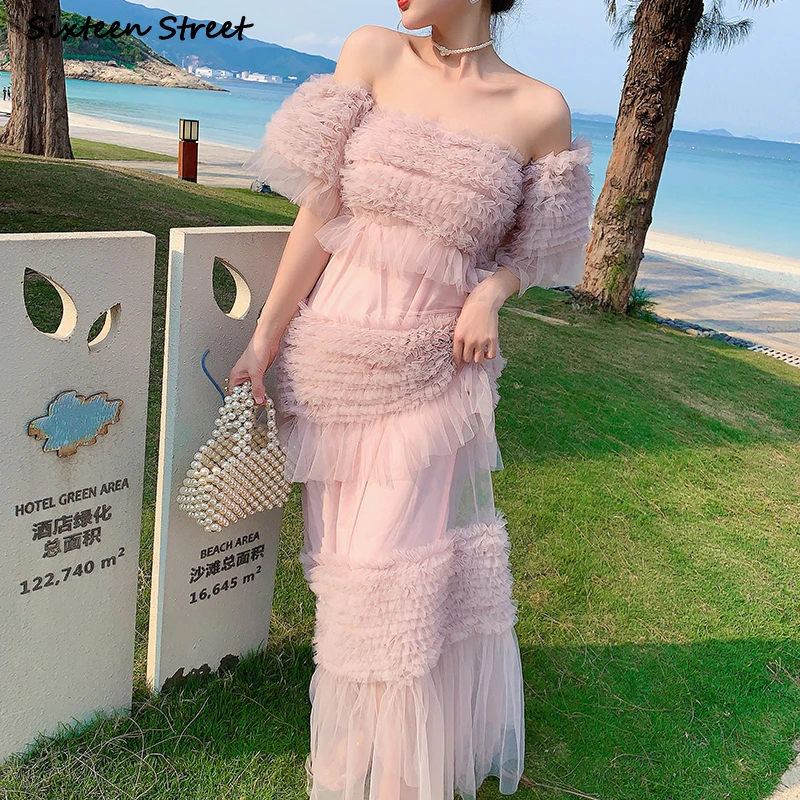 

Элегантные розовые сетчатые платья для женщин, летние пляжные вечерние платья-трапеции без бретелек, женская одежда, Кружевное облегающее ...