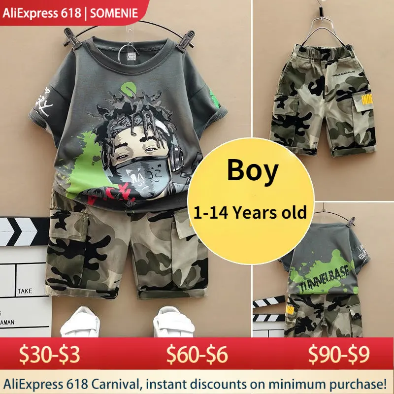 

2pcs Boys Summer Clothes Sets Children Fashion Cartoon TShirts and Camouflage Cargo Shorts Outfits For 2-14 Years Middle Big Boy