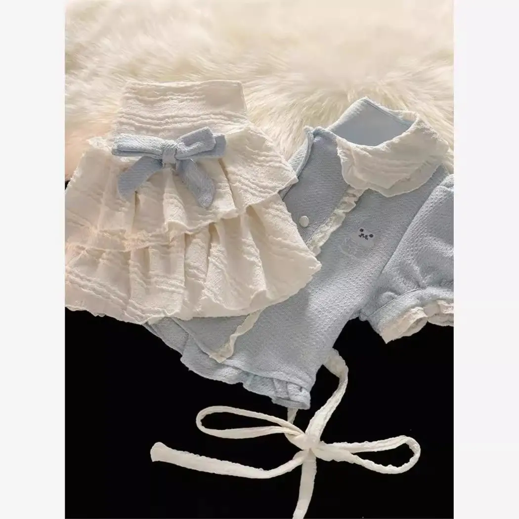 Милый топ с воротником Питера Пэна молочно-синего цвета короткими рукавами +