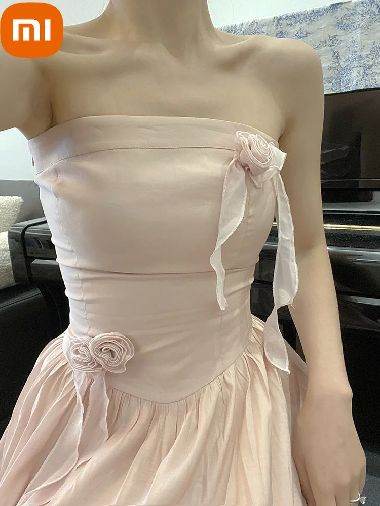 

XIAOMI France Vintage Evening Long Prom Dress Ladies Flower Korean Elegant Dress Women Pink Casual Retro Sexy Wedding Dress 2022