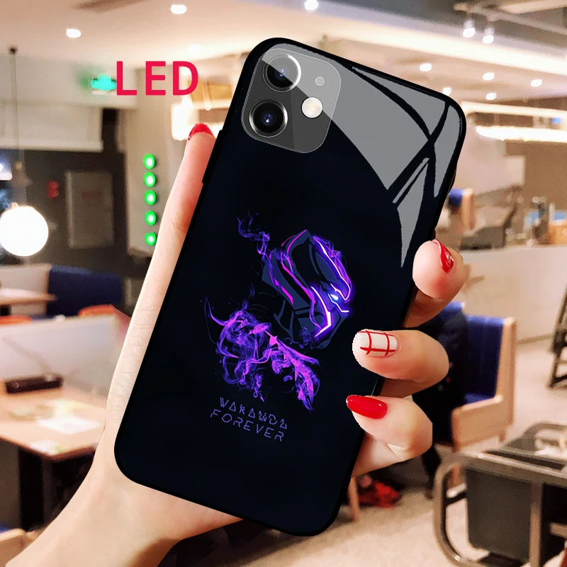 

Black Panther Luminous Tempered Glass phone case For Apple iphone 13 14 Pro Max Puls mini Luxury Fashion LED Backlight new cover