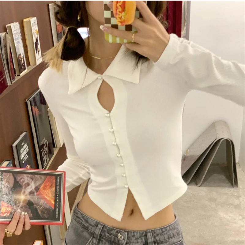 

Women's Hollow Out Polo Collar Design Long Sleeve T-shirt American Street Style Sweet Cool Chic Female Slim Sexy Short Cardigan