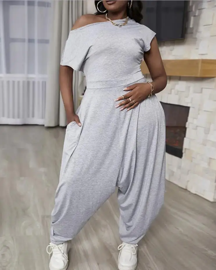 

2022 Big Size Summer Jumpsuits Female Elegant Casual One Shoulder Pocket Harem Romper Loose Short Sleeve Wide Leg Jumpsuit Women