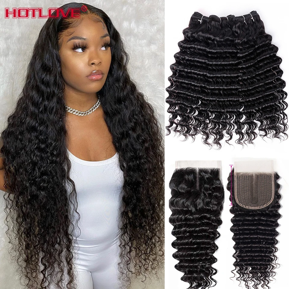 Deep Wave Hair Bundles With Closure 38 40 Inch Deep Curly Brazilian Hair Weave Bundles With Closure Pre Plucked Remy Extension