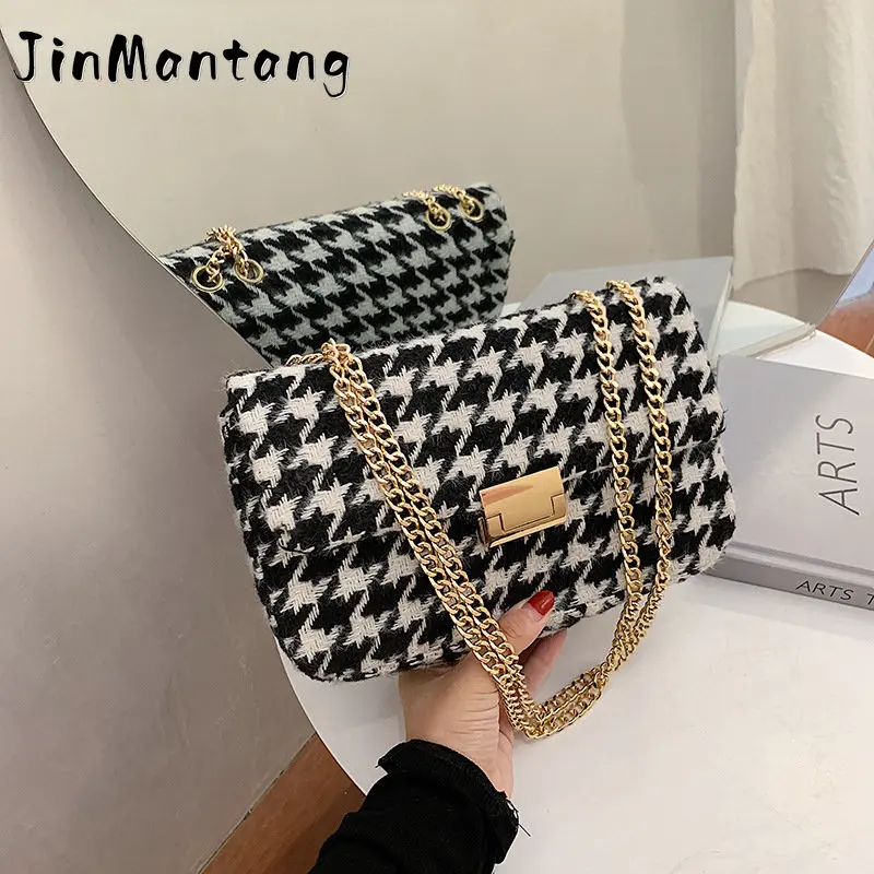 

Women Bag Wool Plaid Wide Chain Celebrity Inspired Bag Square Sling Bag Houndstooth Woolen Shoulder Sac Female Crossbody bolsa