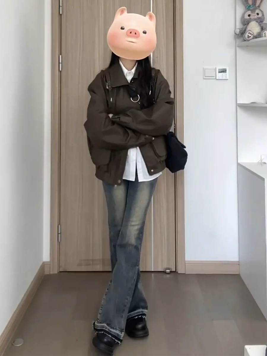 American vintage Design PU Leather Coat Outerwear Women Autumn and Winter New Sweet Cool Gyaru Motorcycle Clothing Loose All-...