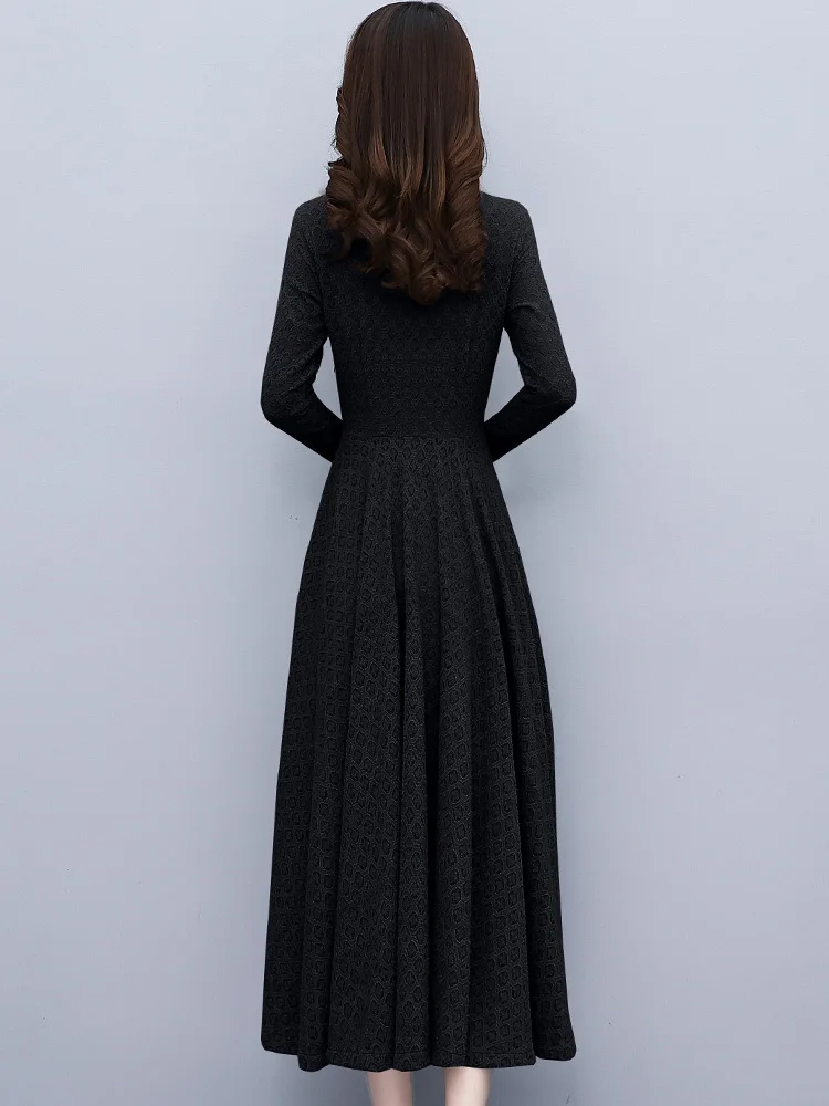 Черное кружевное утолщенное базовое платье на флисовой подкладке новинка 2024