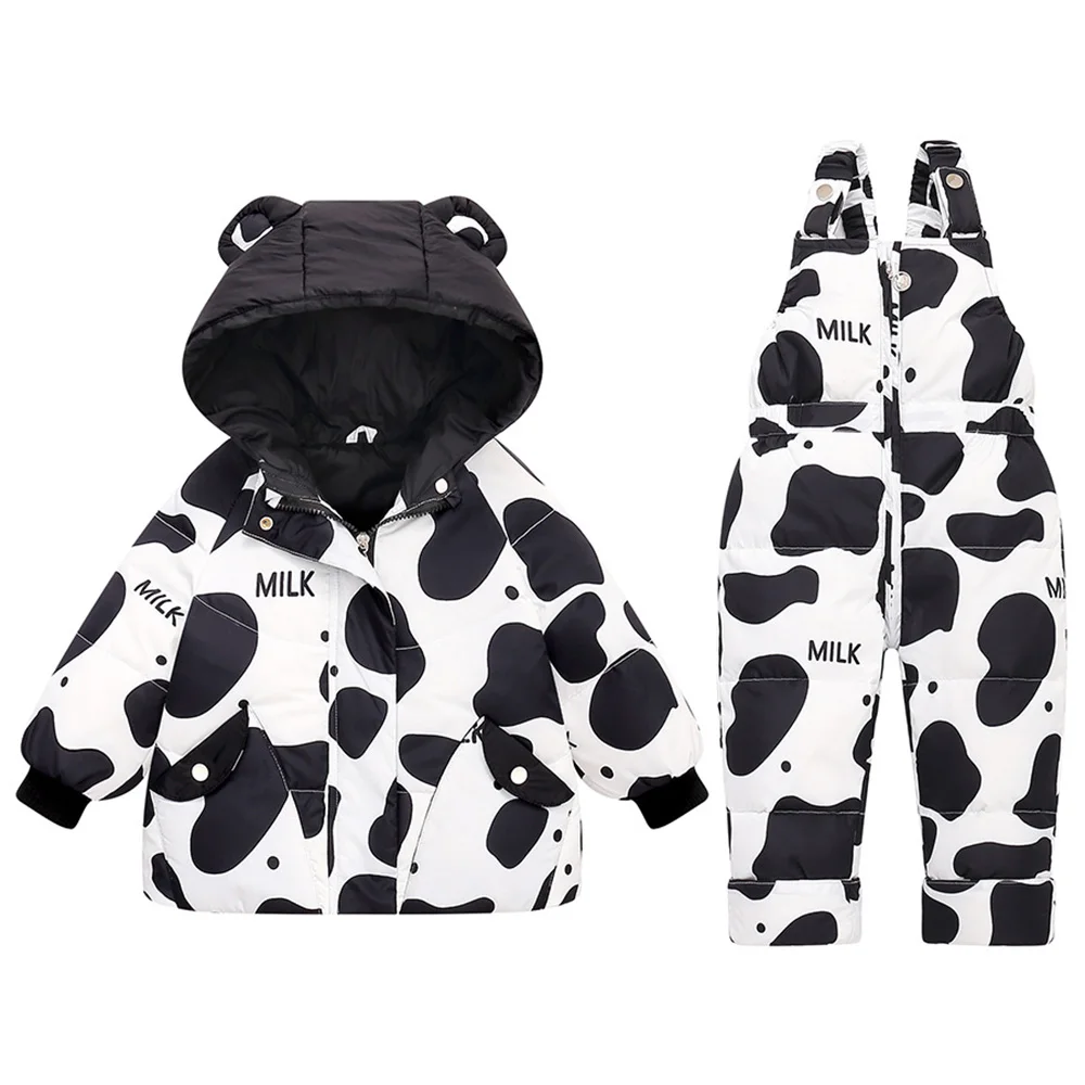 

1-3Years Kids Down Clothes Sets Winter Boys Girls Thick Warm Cartoon Hooded Coats+Suspender Trousers 2Pcs Children Clothing Suit