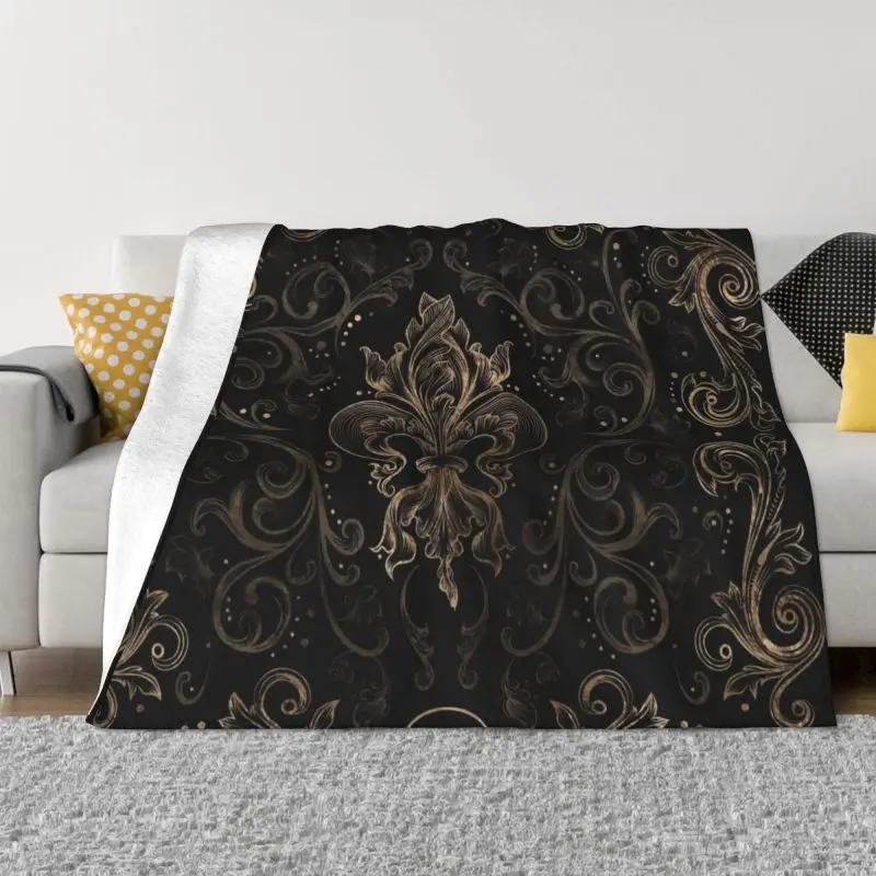 

Ornament Gold And Dark Black Blanket Warm Fleece Flannel Fleur De Lis Lily Flower Throw Blankets for Bedding Couch Home Autumn