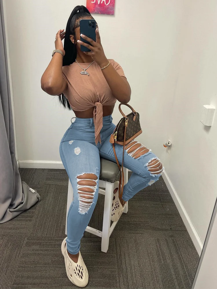 

Fashion y2k Clothes Streetwear Jeans Skinny Pants Women 2023 Hole High Waist Hollow Out Denim Casual Elastic Trousers Pants